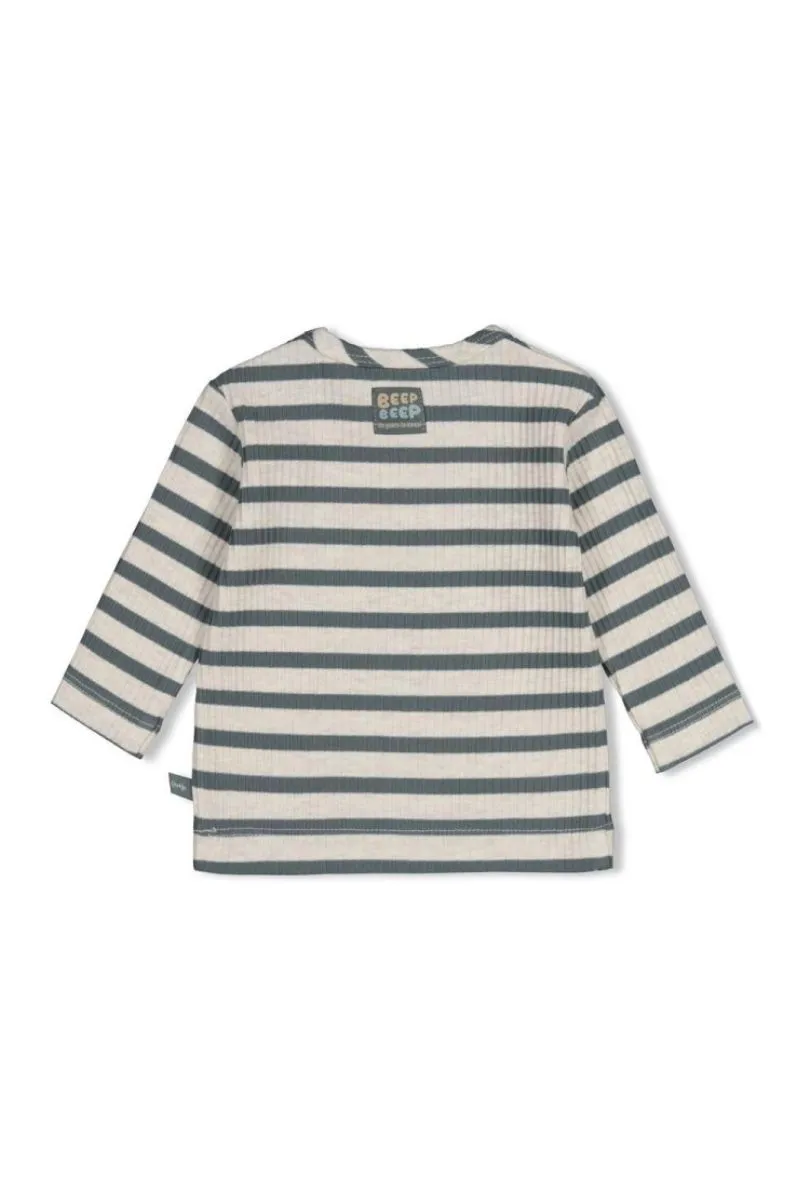 Feetje Longsleeve Rib Streep Beep Beep Zeegroen, ribgebreid babyshirt met strepen en Beep Beep-opdruk, lange mouwen